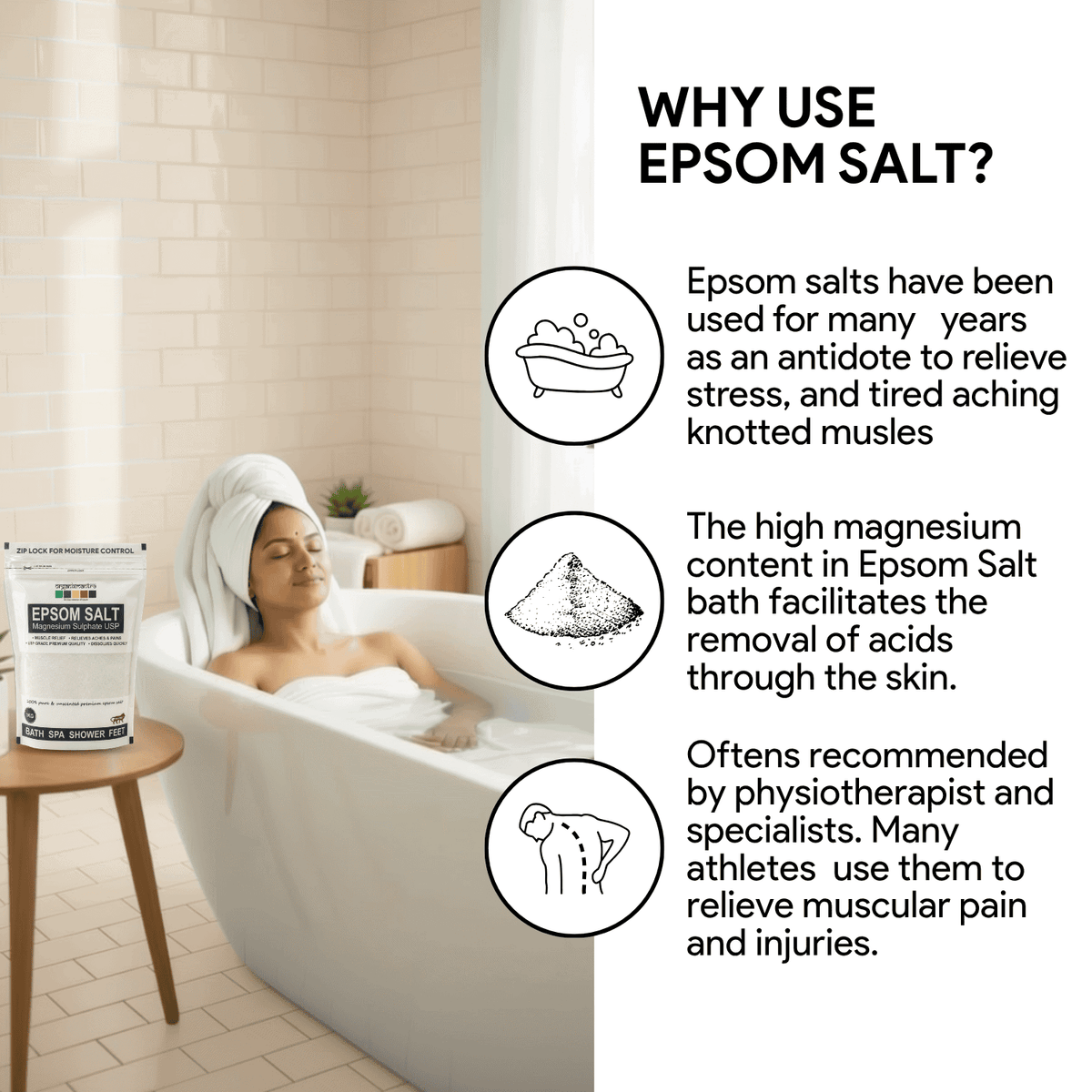Woman resting in a warm bath with a hair towel, an Organix Mantra Epsom salt pouch on a side table beside the tub