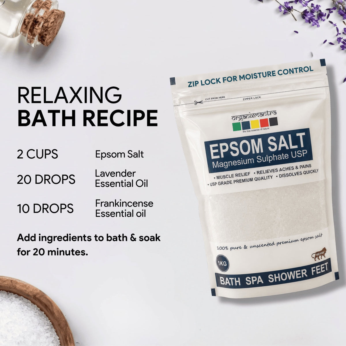 Flat lay bath recipe: 2 cups Epsom salt with lavender and frankincense oil, beside the 1 kg pouch and loose salt