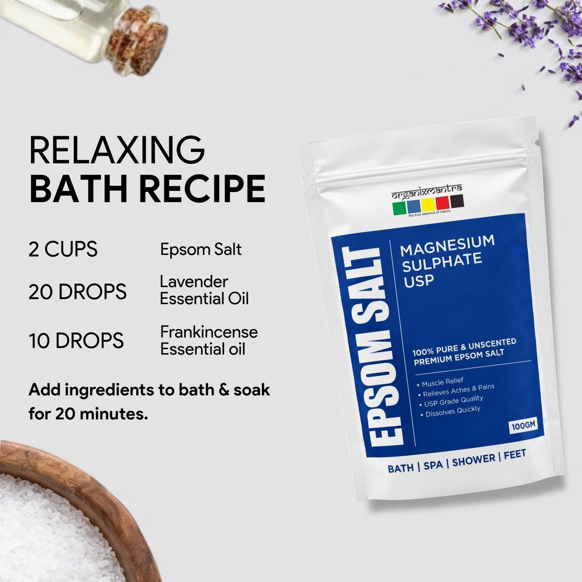Flat lay bath recipe: Epsom salt with lavender and frankincense essential oil, beside the 100 g pouch and loose salt