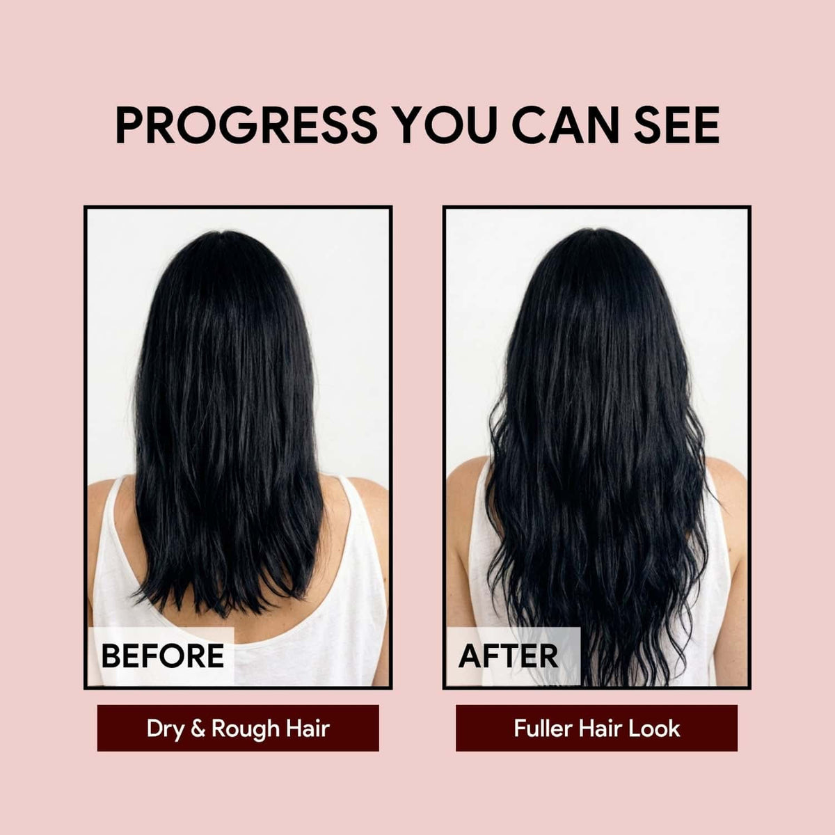 Before and after comparison showing dry rough hair and fuller smoother looking hair