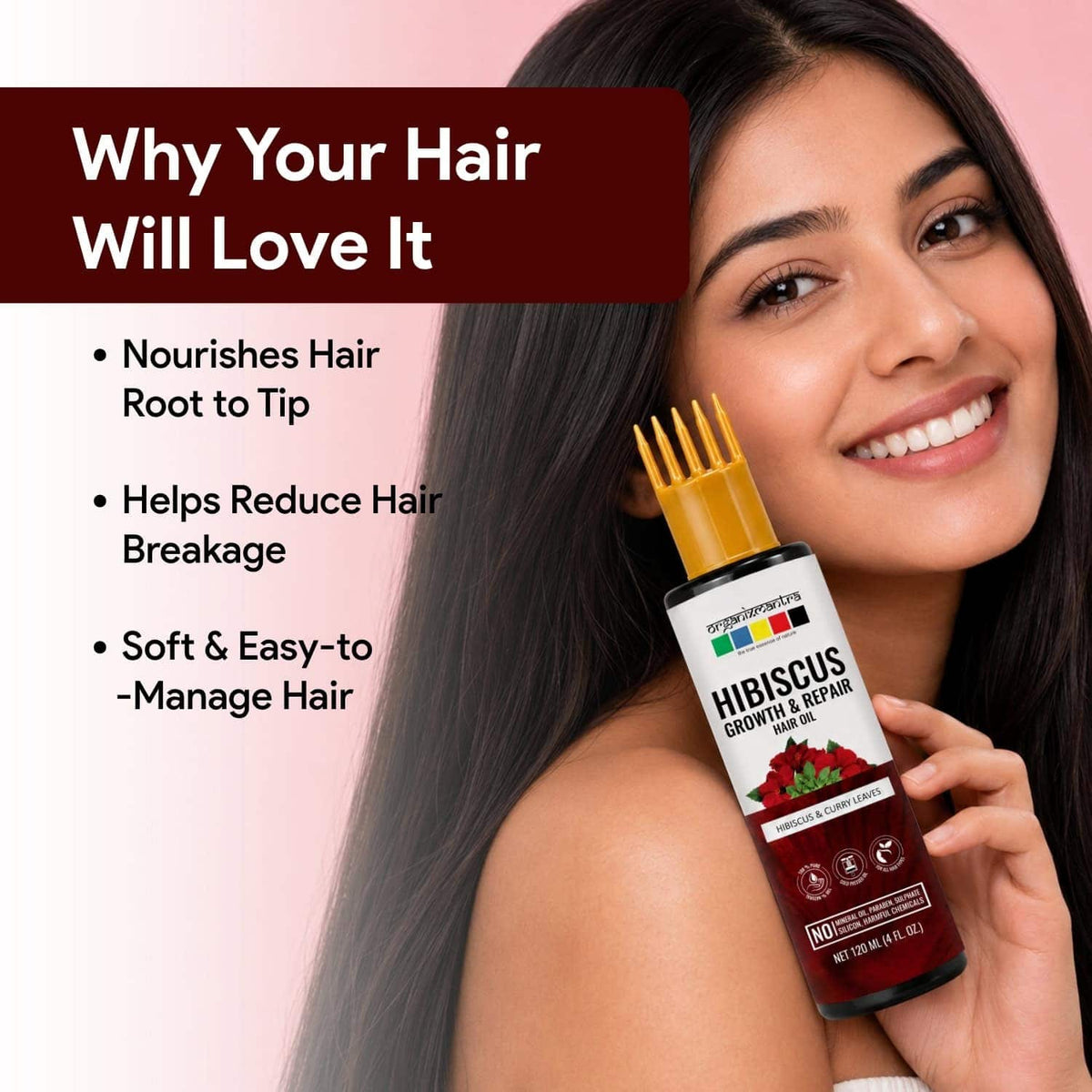 Woman holding hibiscus hair oil showing benefits for soft, nourished and manageable hair