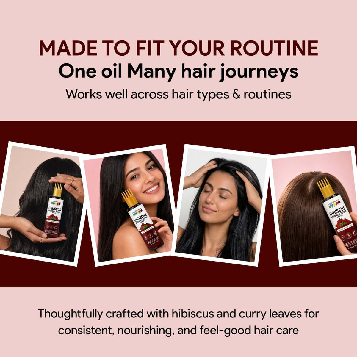 Organix Mantra hibiscus hair oil used across straight, wavy and thick hair types