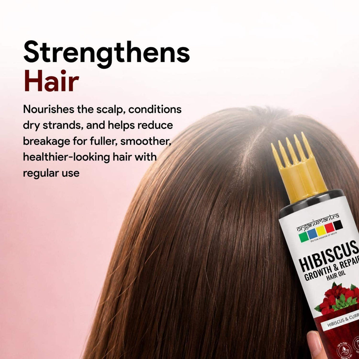 Brown hair with Organix Mantra hibiscus hair oil applicator comb bottle for reduced breakage