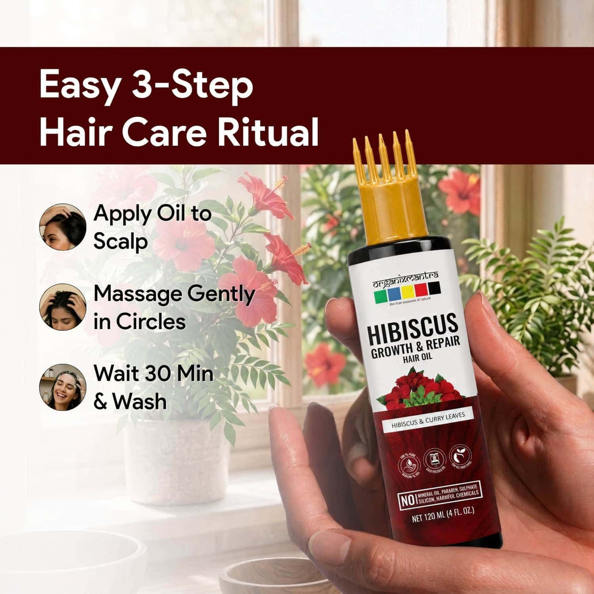 Three step guide to applying Organix Mantra hibiscus hair oil on the scalp