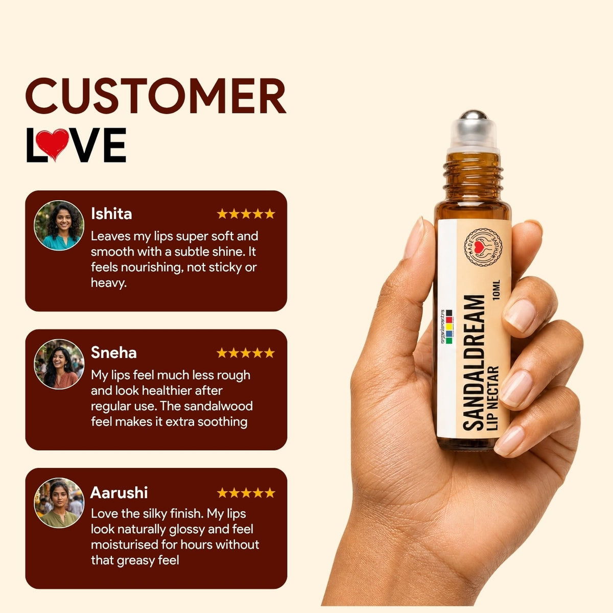 Customer reviews for SandalDream Lip Nectar beside a hand holding the 10 ml roll-on lip oil