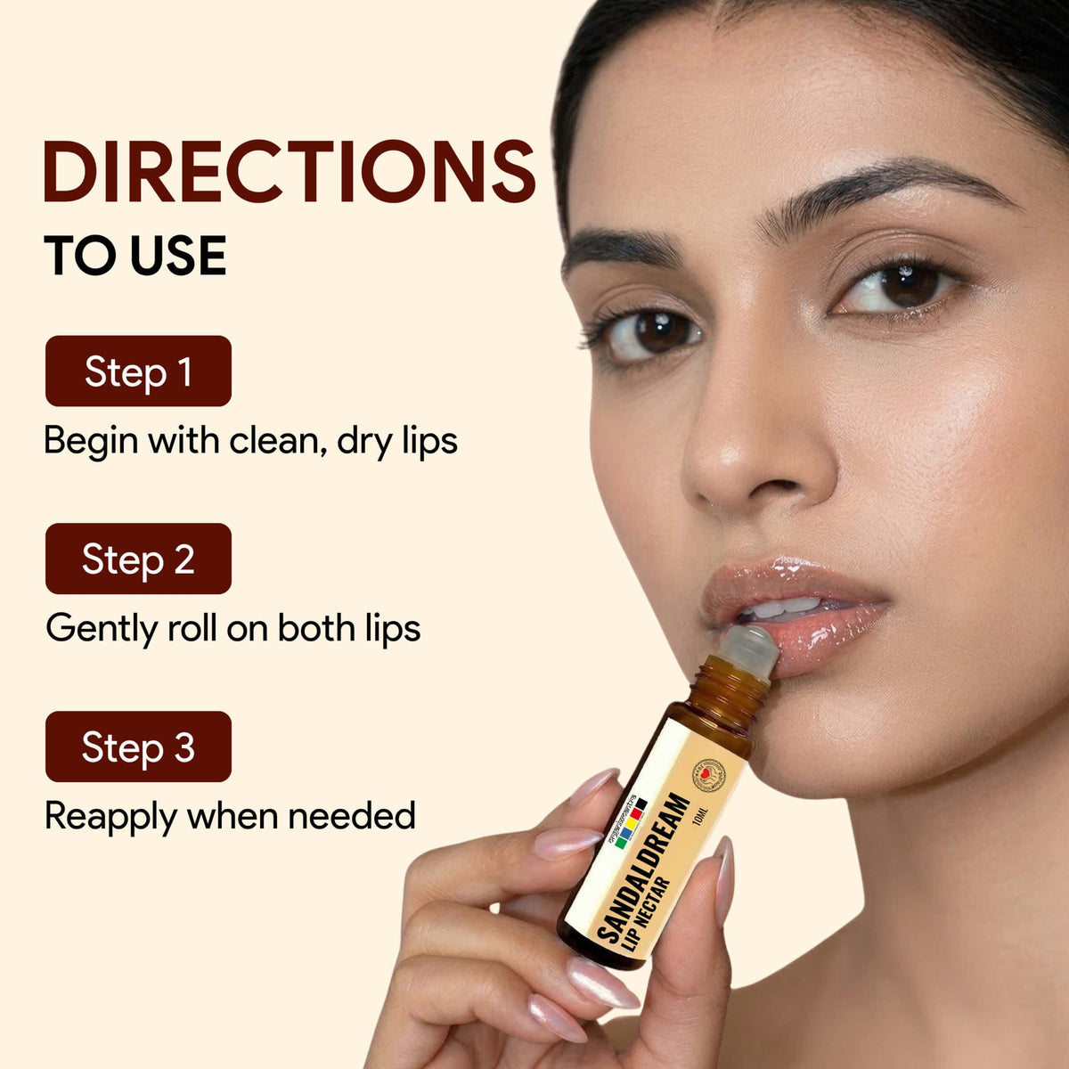 SandalDream lip oil roll-on being applied, three-step directions starting with clean dry lips