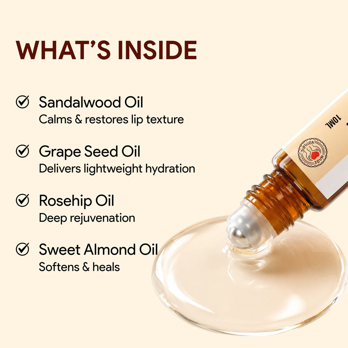 Lip nectar ingredients: sandalwood oil, grape seed oil, rosehip oil and sweet almond oil for lips