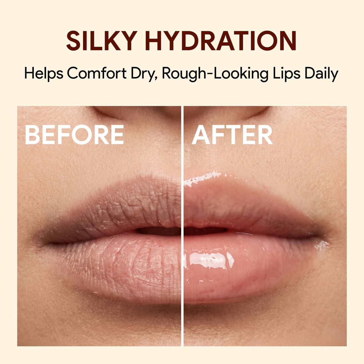 Dry rough lips beside smooth comfortable lips after using SandalDream sandalwood lip oil daily