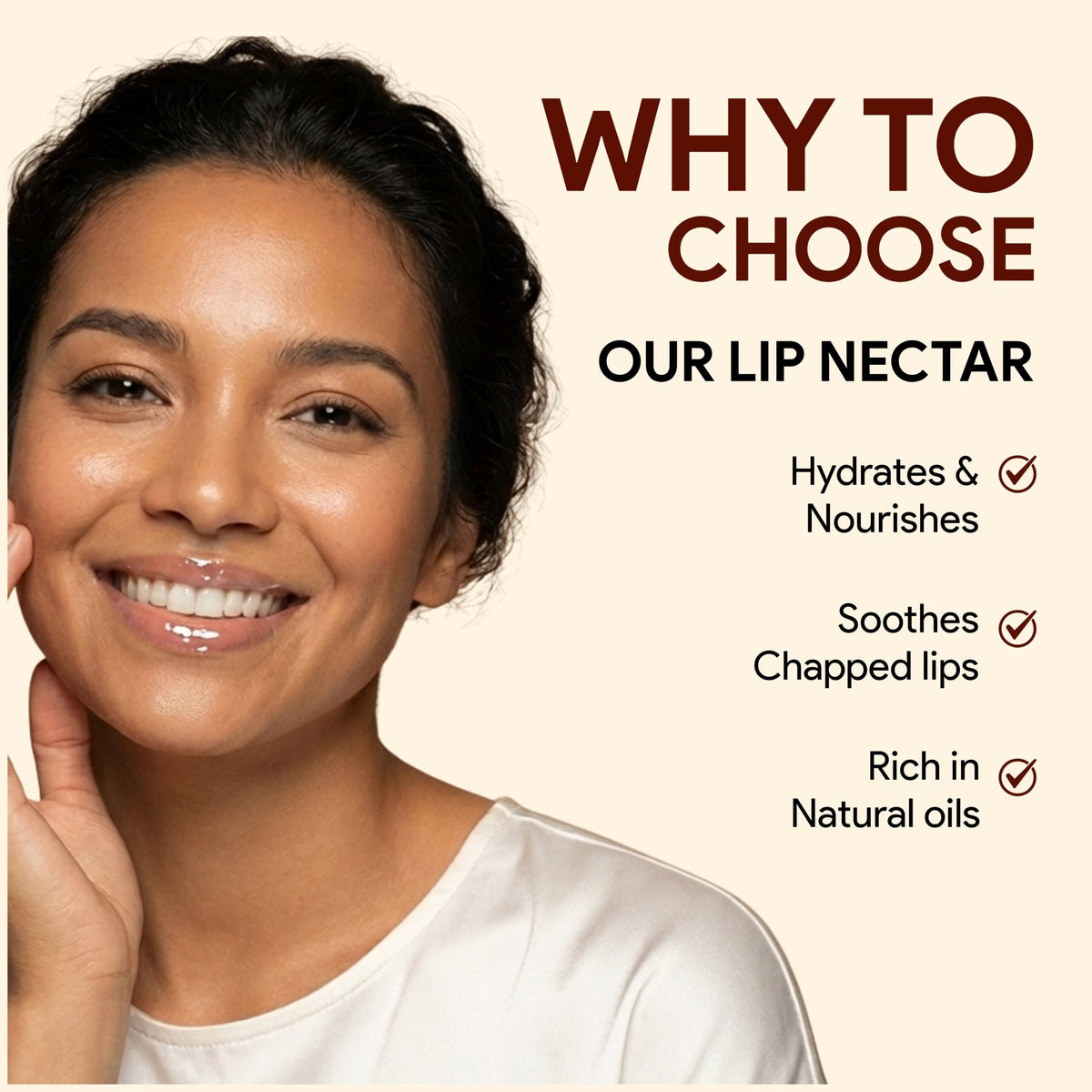 Sandalwood lip nectar roll-on applied to glossy lips, calming sandalwood oil for daily nourishment